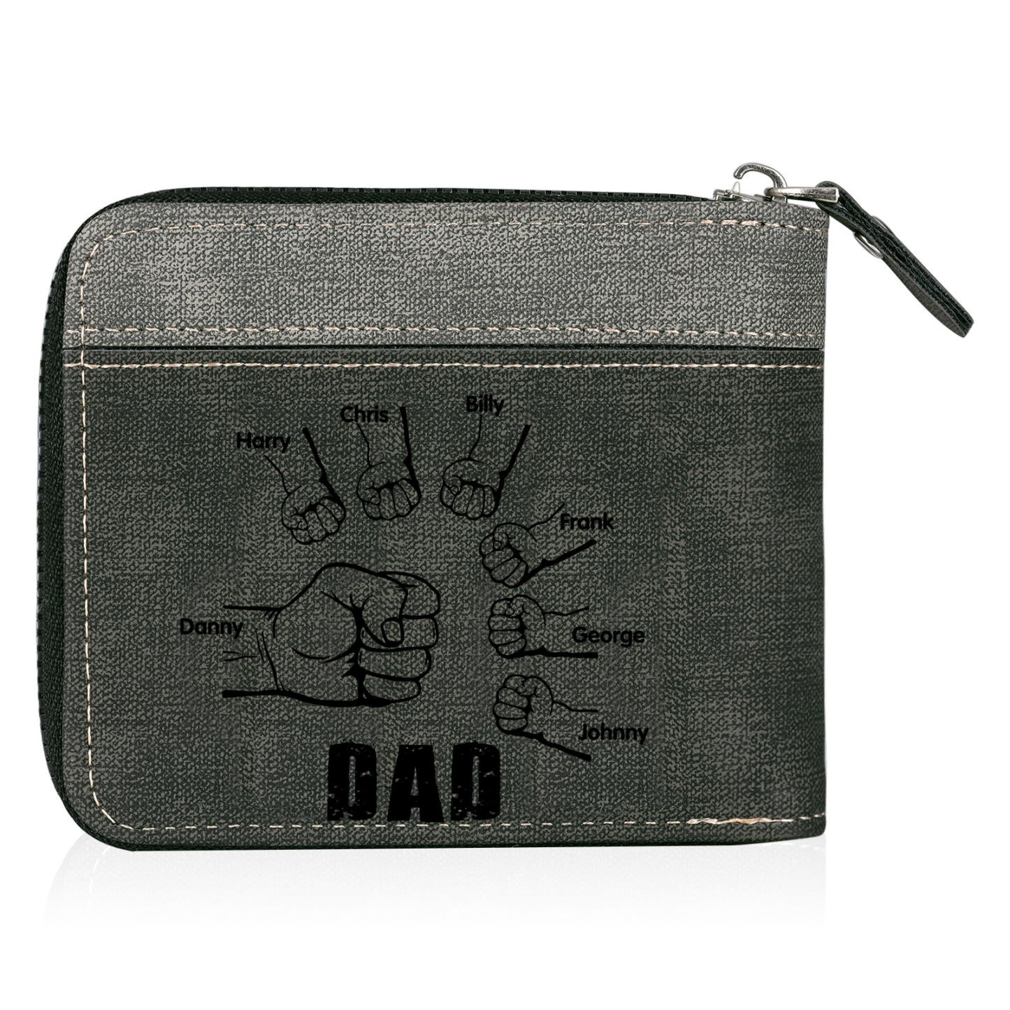 7 Names - Personalised Fist Bump Photo Custom Leather Men's Zipper Wallet as a Father's Day Gift for Dad