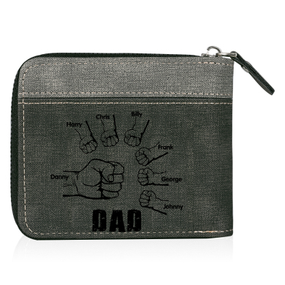 7 Names - Personalised Fist Bump Photo Custom Leather Men's Zipper Wallet as a Father's Day Gift for Dad