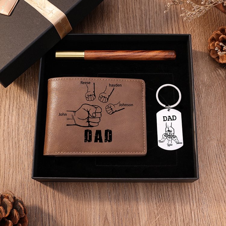Personalised 4 Names Fist Bump Gift Set Custom Wallet & Keychain & Pen Gift Box Set Father’s Day Gift