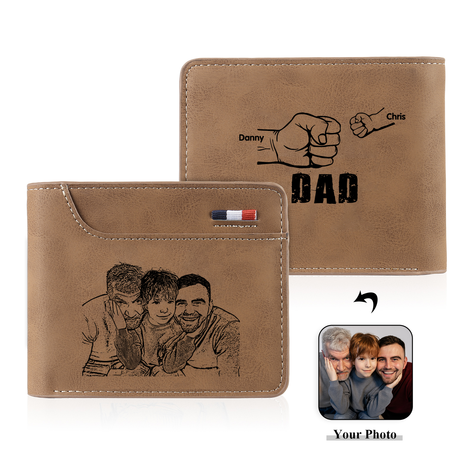 2 Names - Personalised Photo Custom Leather Men's Folding Wallet as a Father's Day Gift for Dad