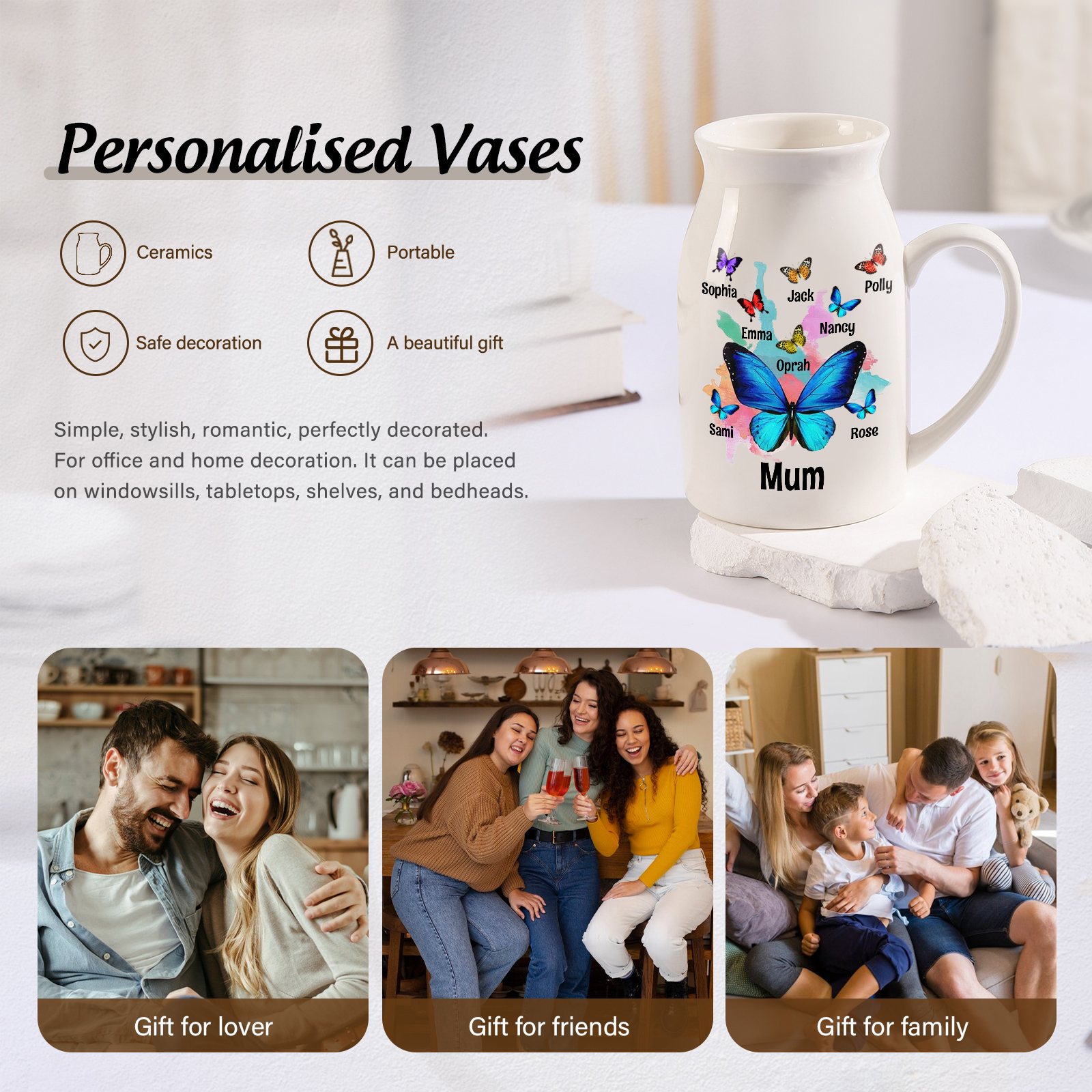 8 Names - Personalised Beautiful Colorful Butterfly Style Ceramic Vase with Customizable Names As a Wonderful Gift For Mum