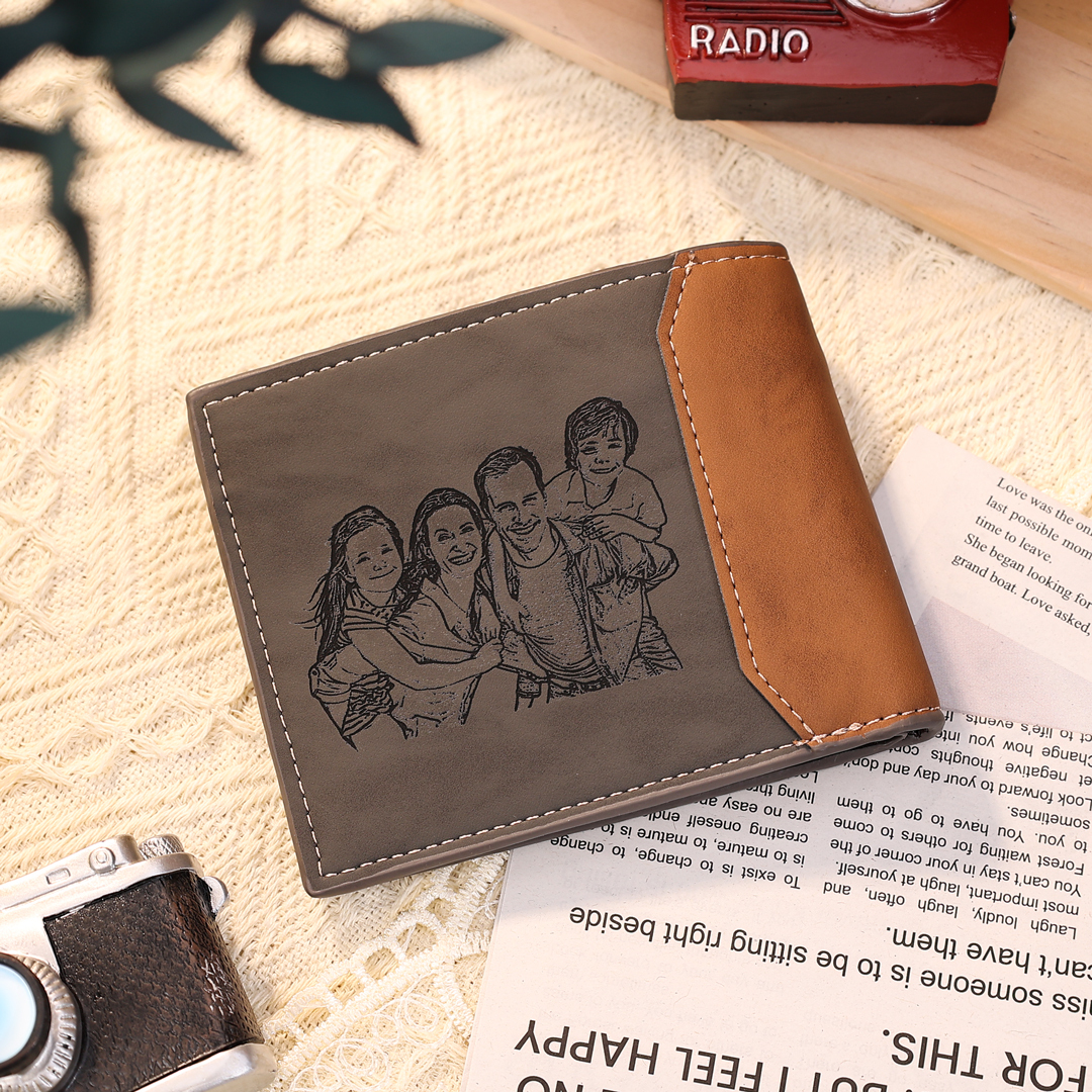 3 Names-Personalised Doll Customized Leather Men's Wallet Customized Name Folding Grey Wallet for Dad