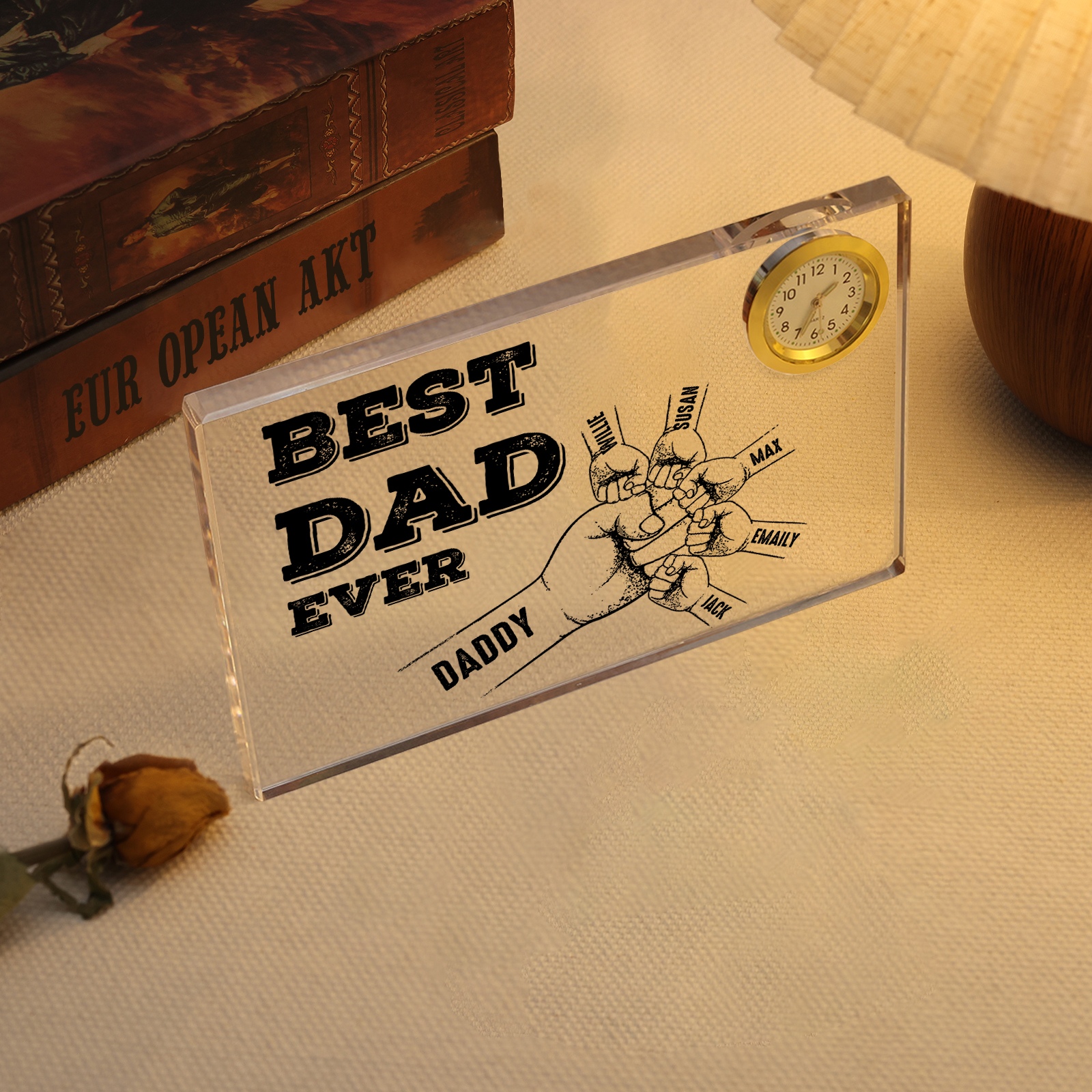 6 Names - Personalised Fist Bump Pattern Custom Name Acrylic Rectangular Clock Ornament Father's Day Gift