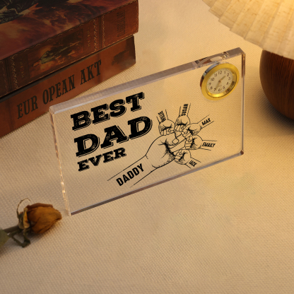 6 Names - Personalised Fist Bump Pattern Custom Name Acrylic Rectangular Clock Ornament Father's Day Gift