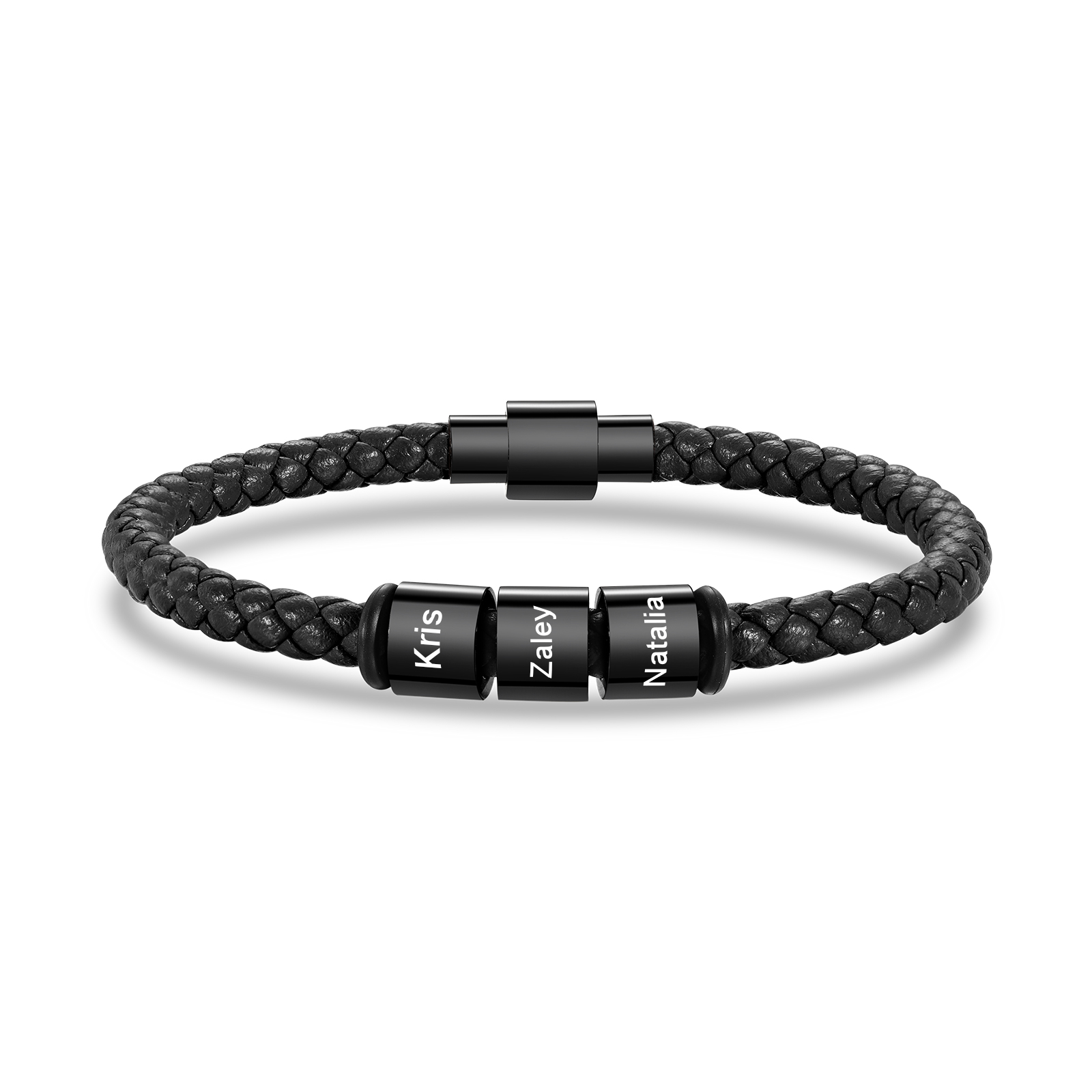 Custom Engraved 3 Names Beads Magnetic Buckle Leather Braided Personalised Mens Bracelet - Gift for Husband Boyfriend