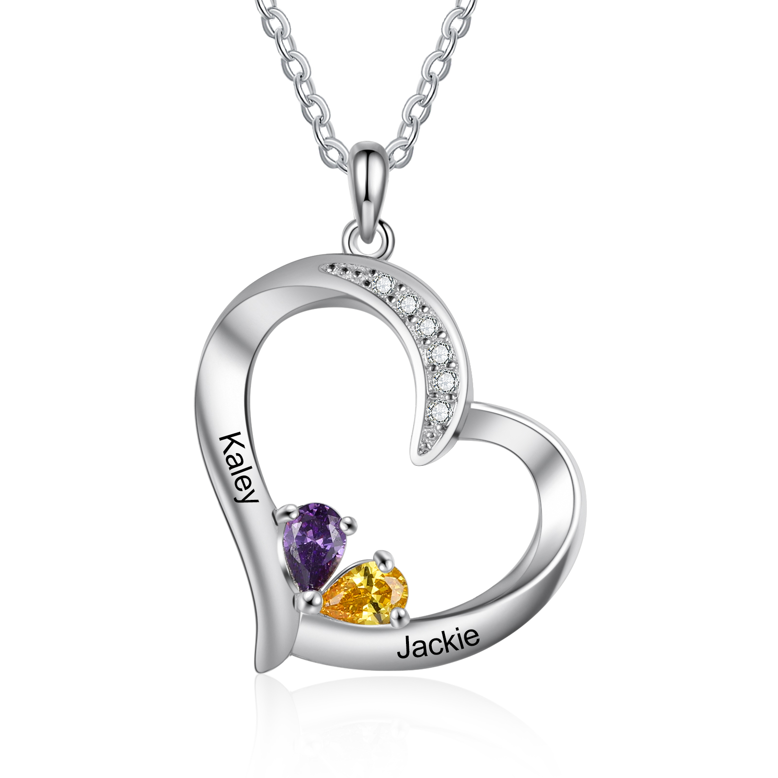 Personalised 925 Sterling Silver Heart Birthstone Necklace with 1-6 Names
