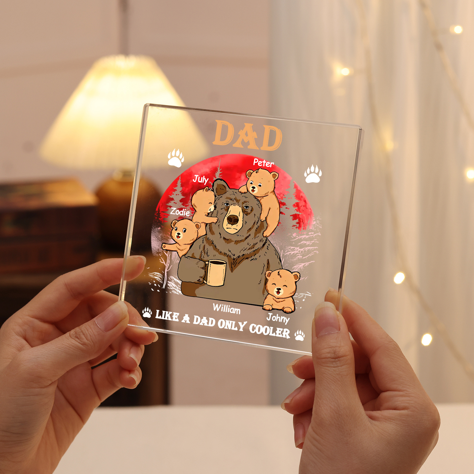 5 Names - Personalised Bear Family Pattern Custom Name Acrylic Square Ornament Father's Day Gift