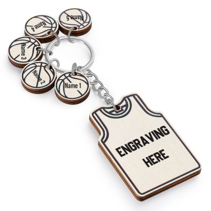Personalised Text and 5 Names Wooden Basketball Keyring For Dad