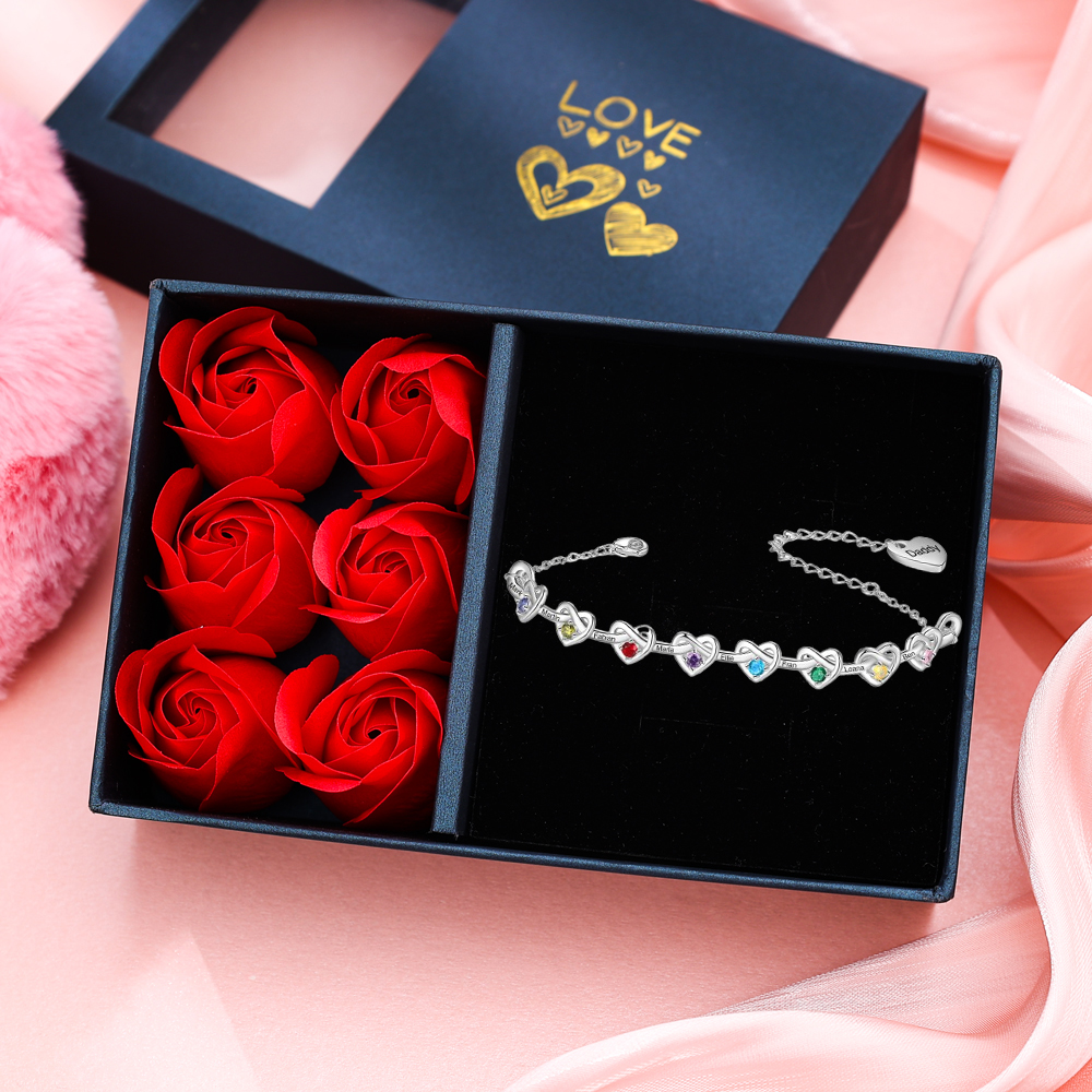 Personalised 1-8 Names Bracelet Customised Birthstones & 1 Text Heart Bracelet for Her | Jessemade