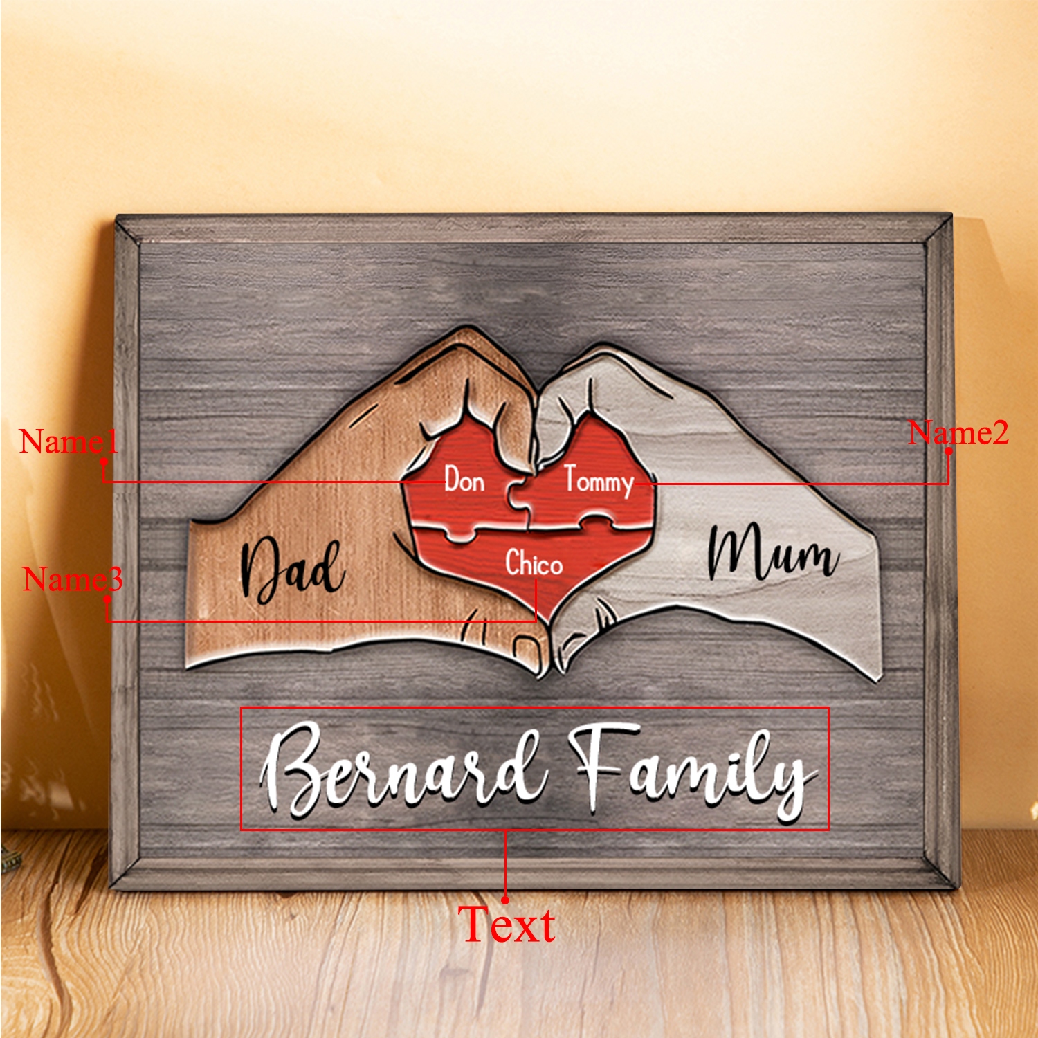 3 Names - Personalised Love Heart Customized Name and Text Wooden Ornament Father's Day Gift for Dad
