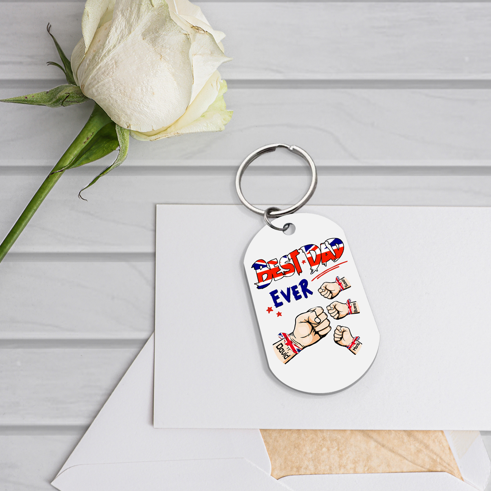 4 Names - Personalised Fist Bump Pattern Keyring Custom Name Gift for Dad