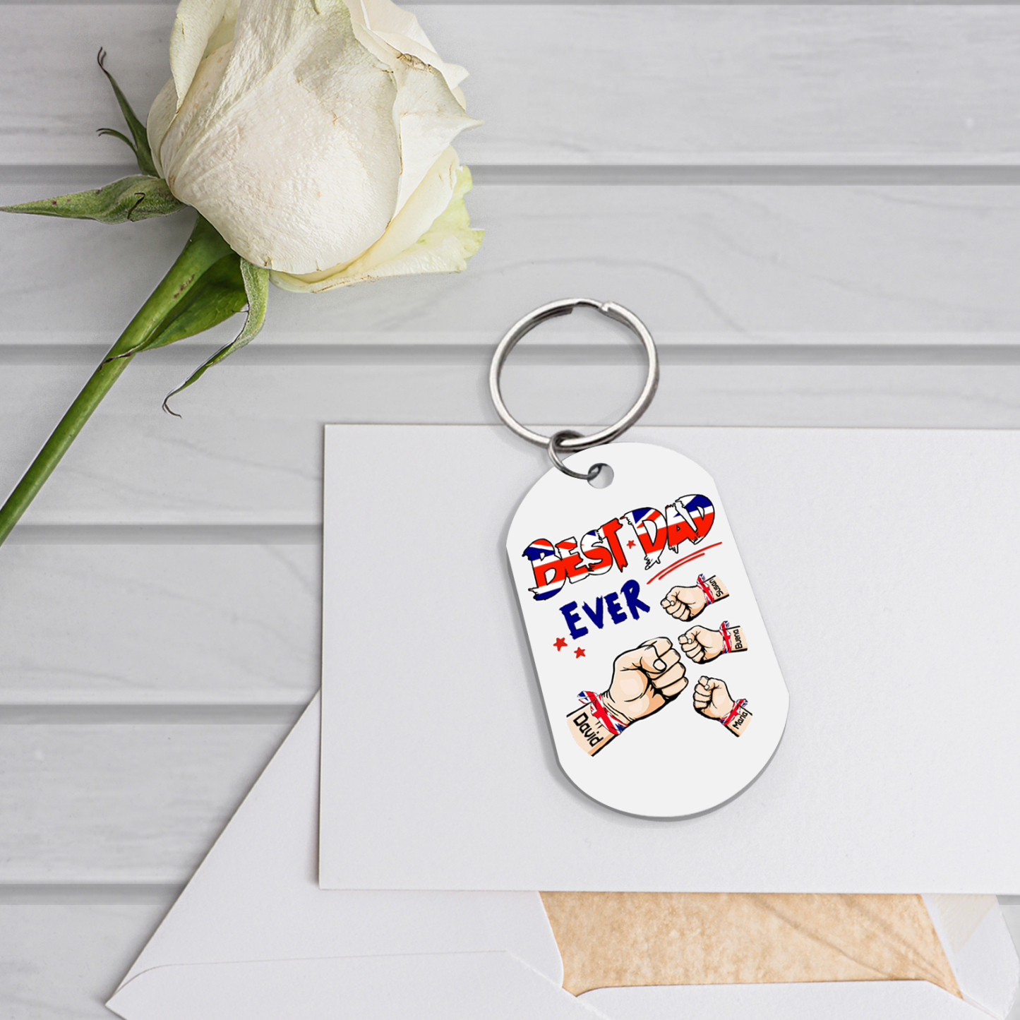 4 Names - Personalised Fist Bump Pattern Keyring Custom Name Gift for Dad