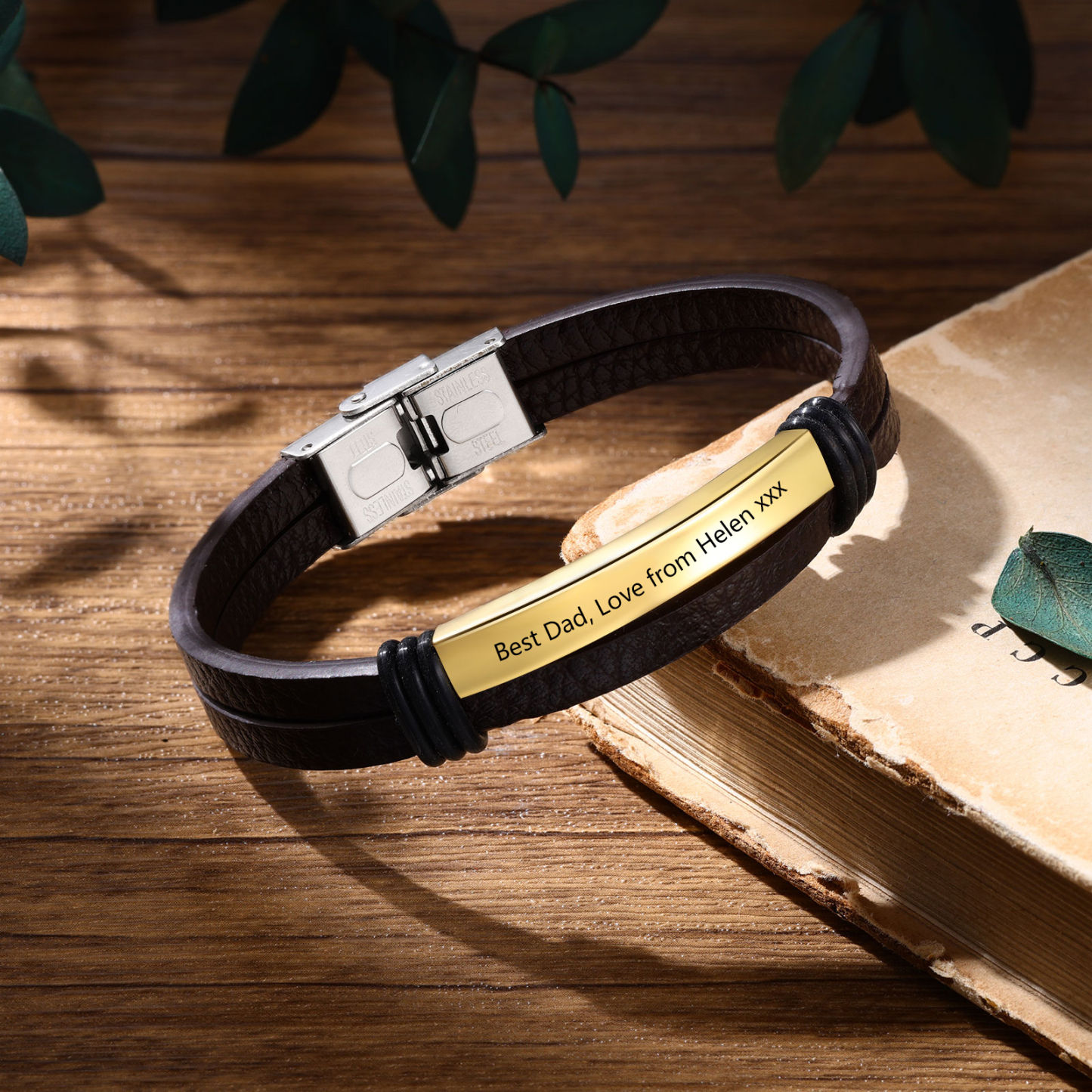 Personalised Text Brown Leather Bracelet Men's Bracelet Father's Day Gift for Dad