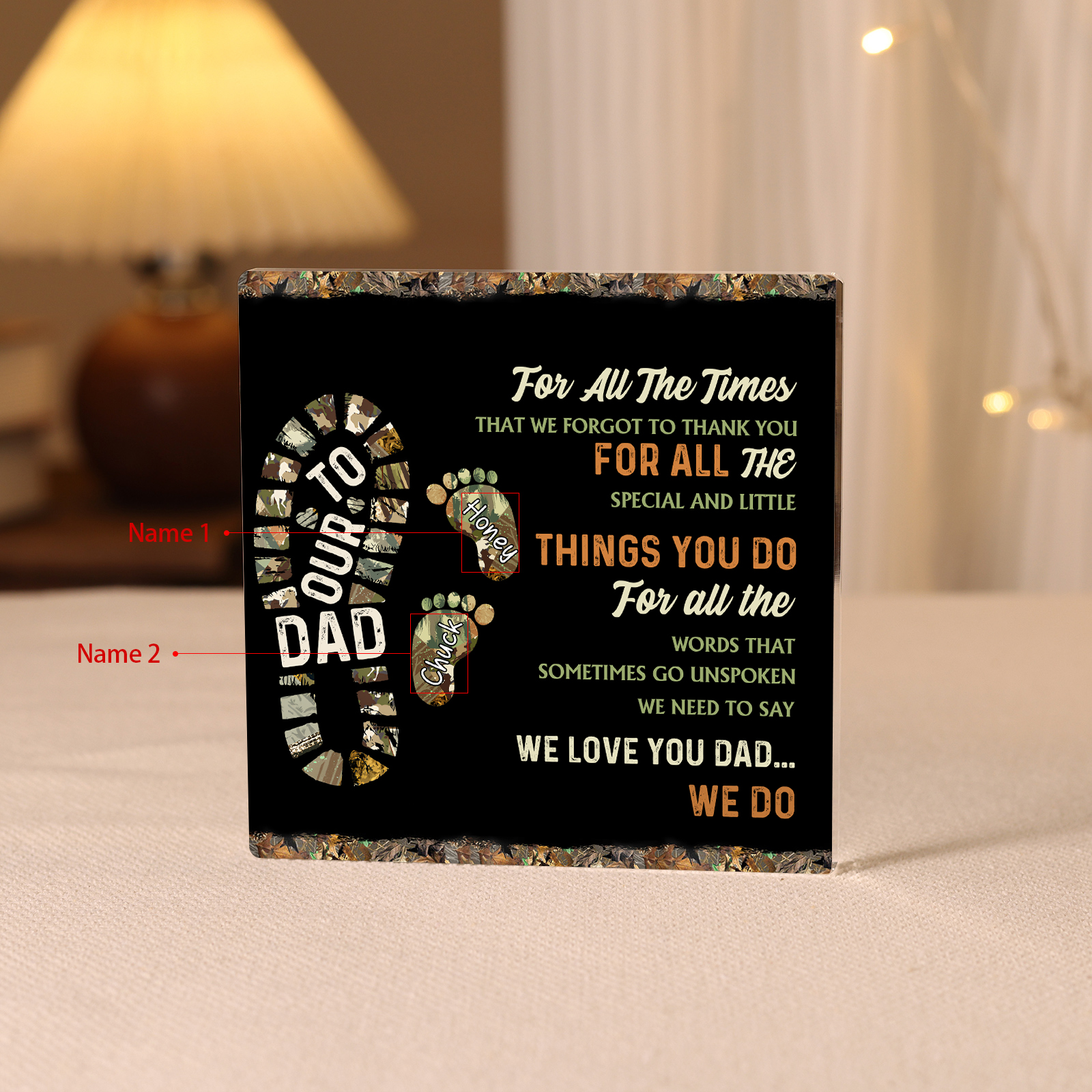 2 Names - Personalised Footprint Pattern Family Acrylic Keepsake Customized Name Acrylic Home Decor Gift for Dad