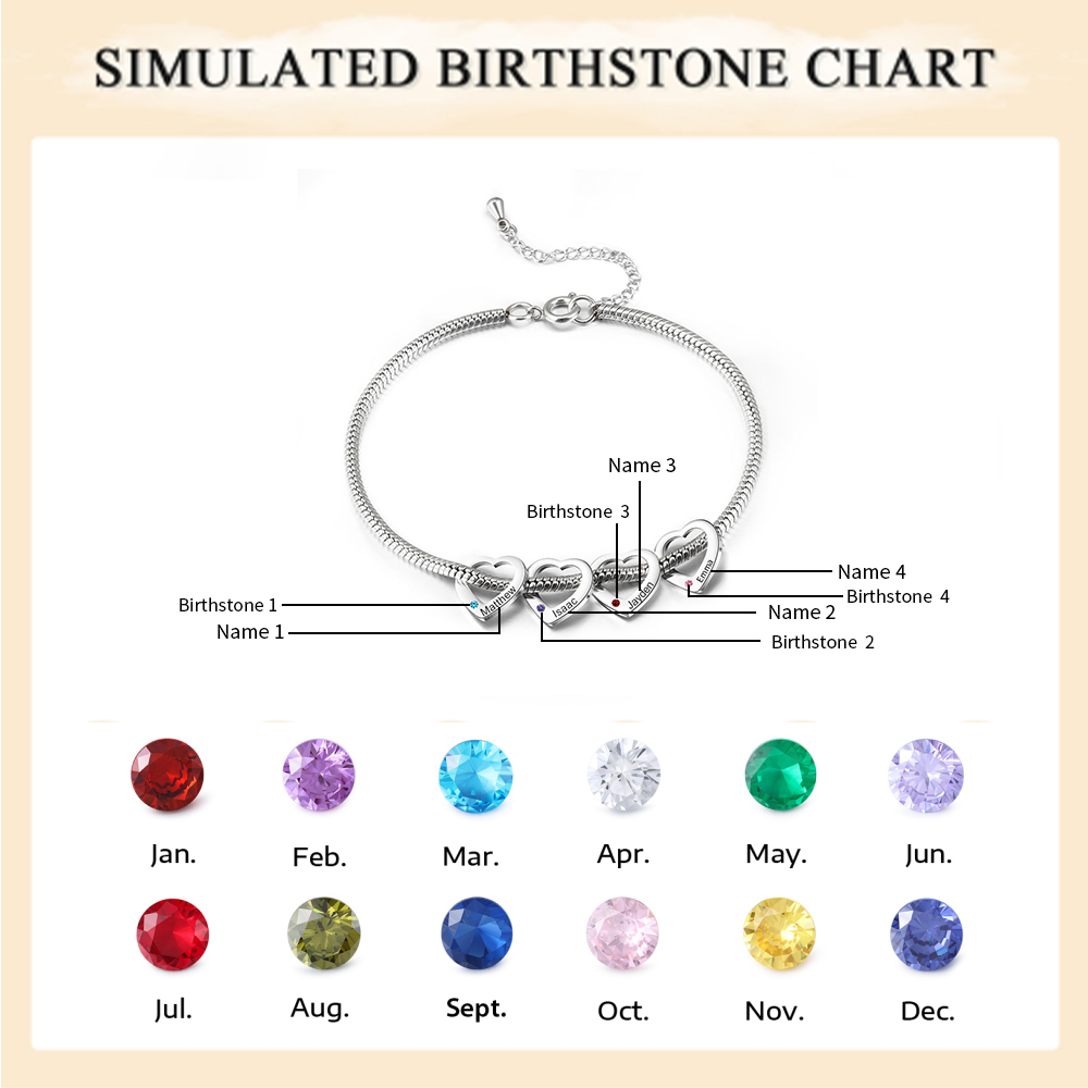 Custom Anklet Engraved 4 Names and Birthstones Heart Shaped Charm Personalised Bracelet for Women