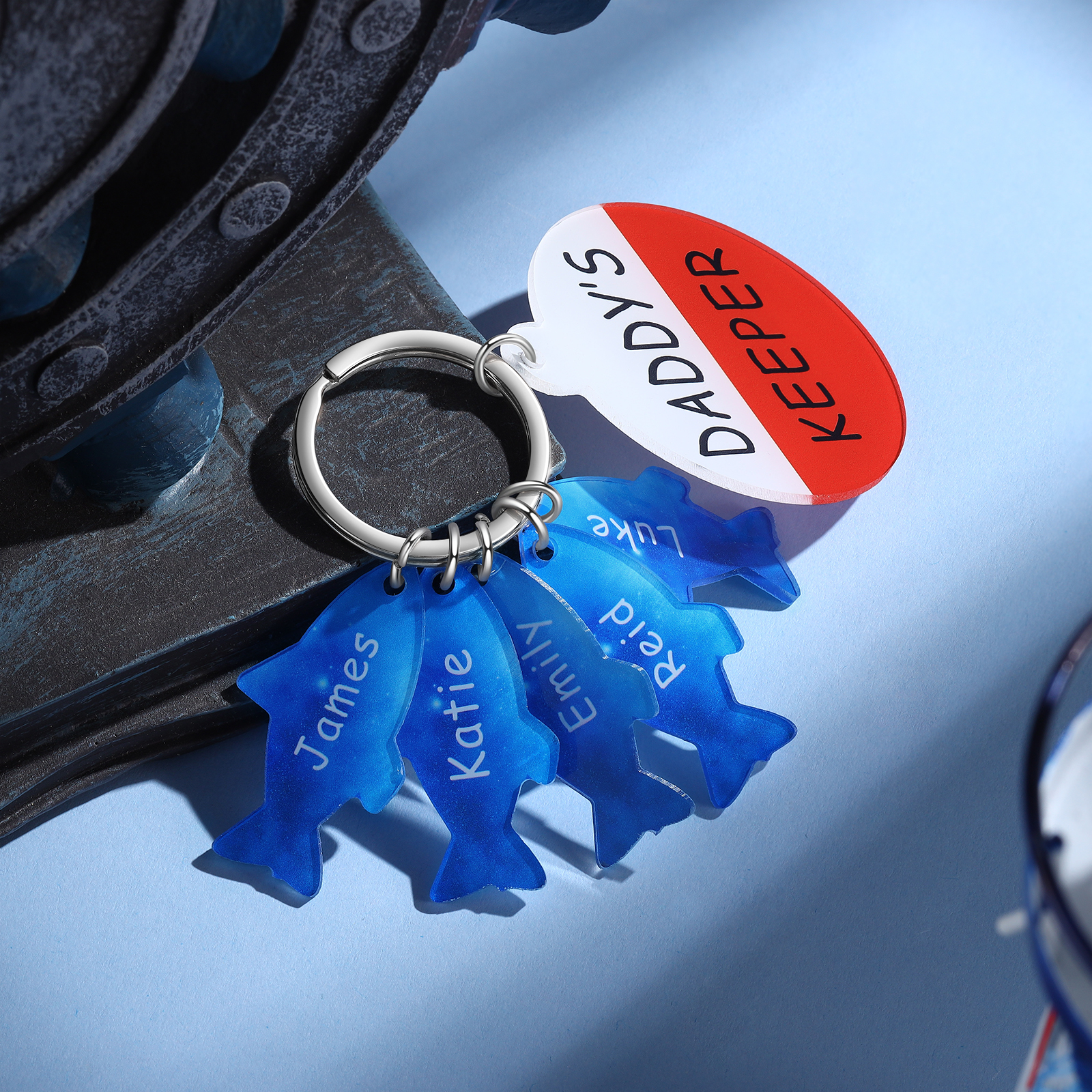 5 Names - Personalised Fish Keyring with Custom Text and Name Father's Day Gift for Dad