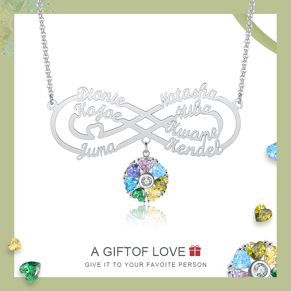 Personalised Infinity Necklace With 7 Birthstones Engraved Names Necklace Gift For Women
