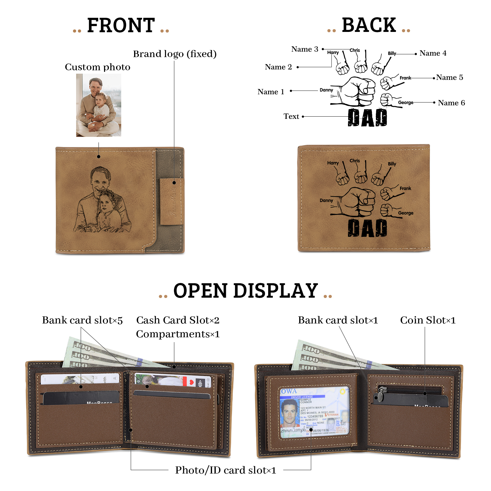 6 Names - Personalised Fist Bump Photo Custom Leather Men's  Wallet as a Father's Day Gift for Dad
