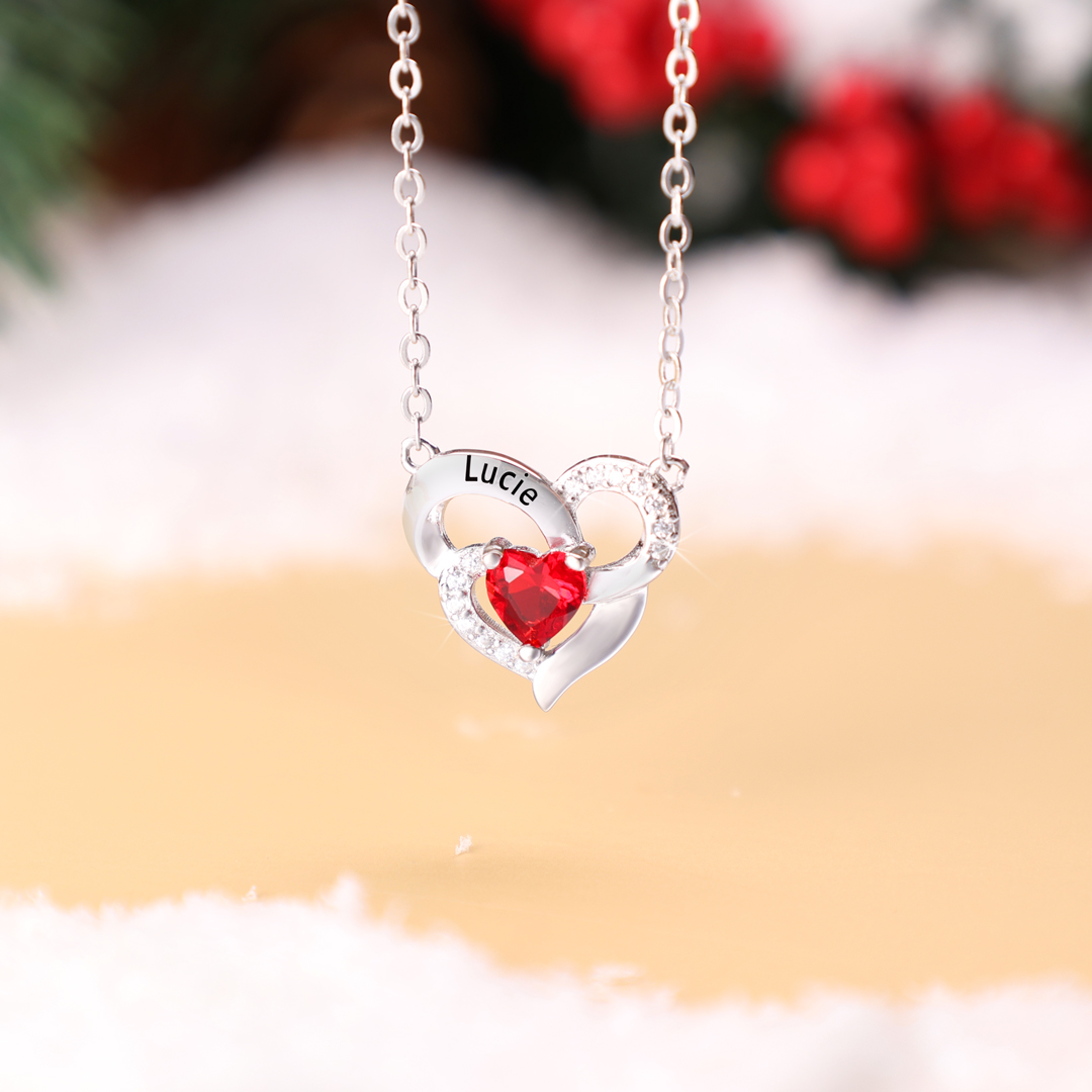 Personalised S925 Silver Women Heart Necklace With 1 Birthstone Engraved Names Gift For Women
