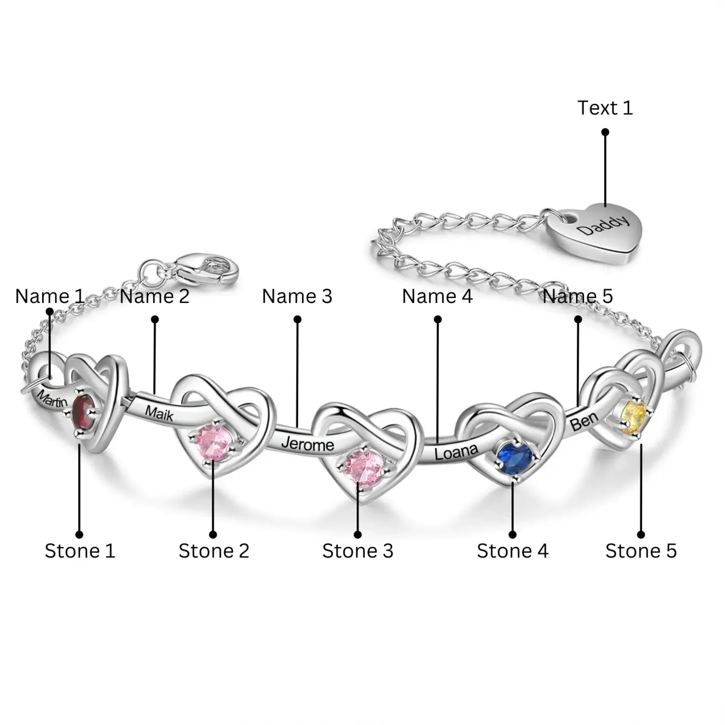 Personalised Bracelet Customized 5 Names & 5 Birthstones & 1 Text Heart Bracelet for Her | Jessemade