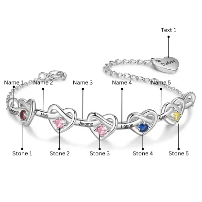 Personalised Bracelet Customized 5 Names & 5 Birthstones & 1 Text Heart Bracelet for Her | Jessemade