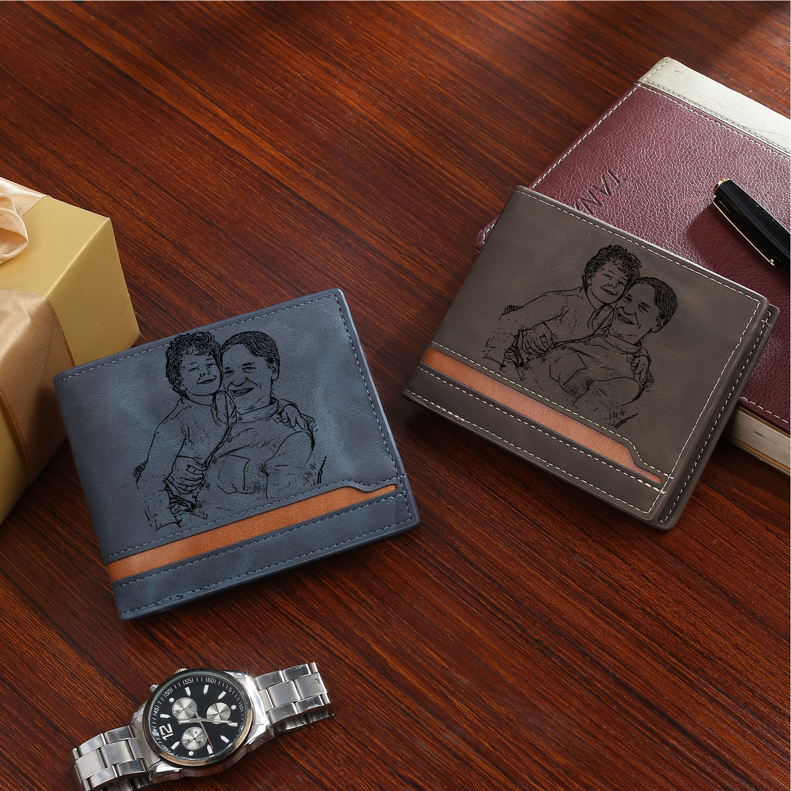 3 Names - Personalised Photo Custom Leather Men's Folding Wallet as a Father's Day Gift for Dad