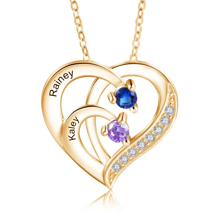 Personalised Mother Necklace 2 Stones Engraved 2 Names Birthstone Intertwined Heart Pendant Christmas Gifts for Her