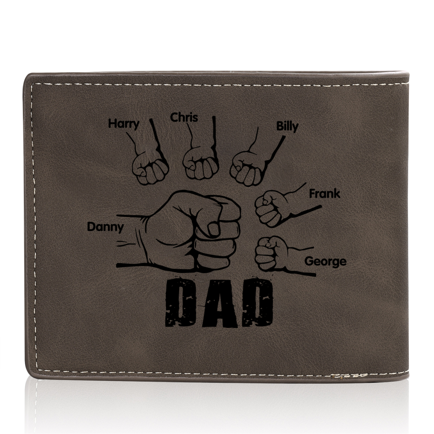 6 Names - Personalised Fist Bump Photo Custom Leather Men's Wallet as a Father's Day Gift for Dad