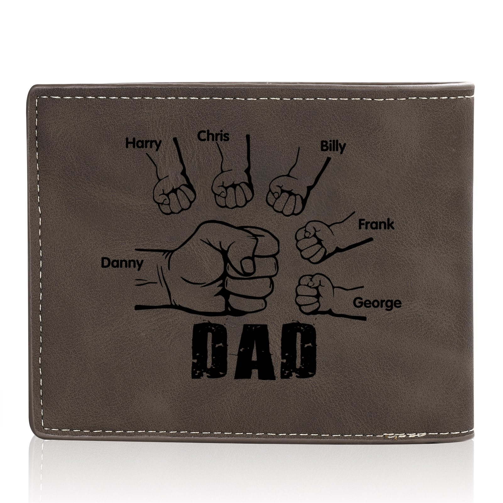 6 Names - Personalised Fist Bump Photo Custom Leather Men's Wallet as a Father's Day Gift for Dad