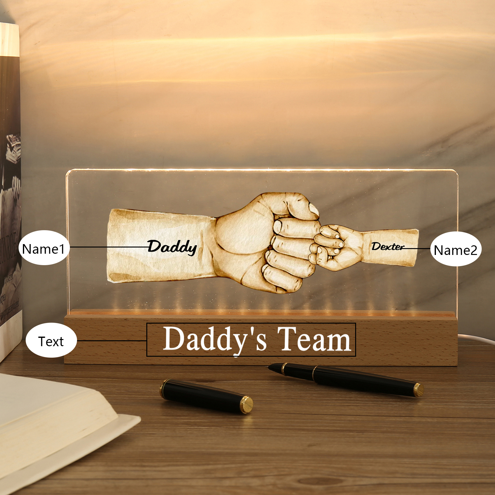 2 Names - Personalised Fist Bump Pattern Table Lamp Customized Text Father's Day Gift for Dad