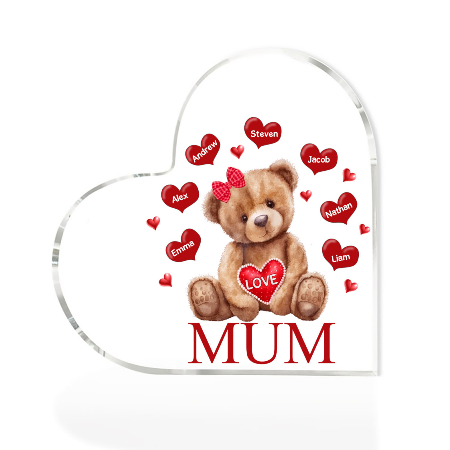 7 Names-Personalised Mum Acrylic Heart Keepsake Custom Text Love Teddy Bear Ornaments Gifts Set With Gift Box for Grandma/Mother