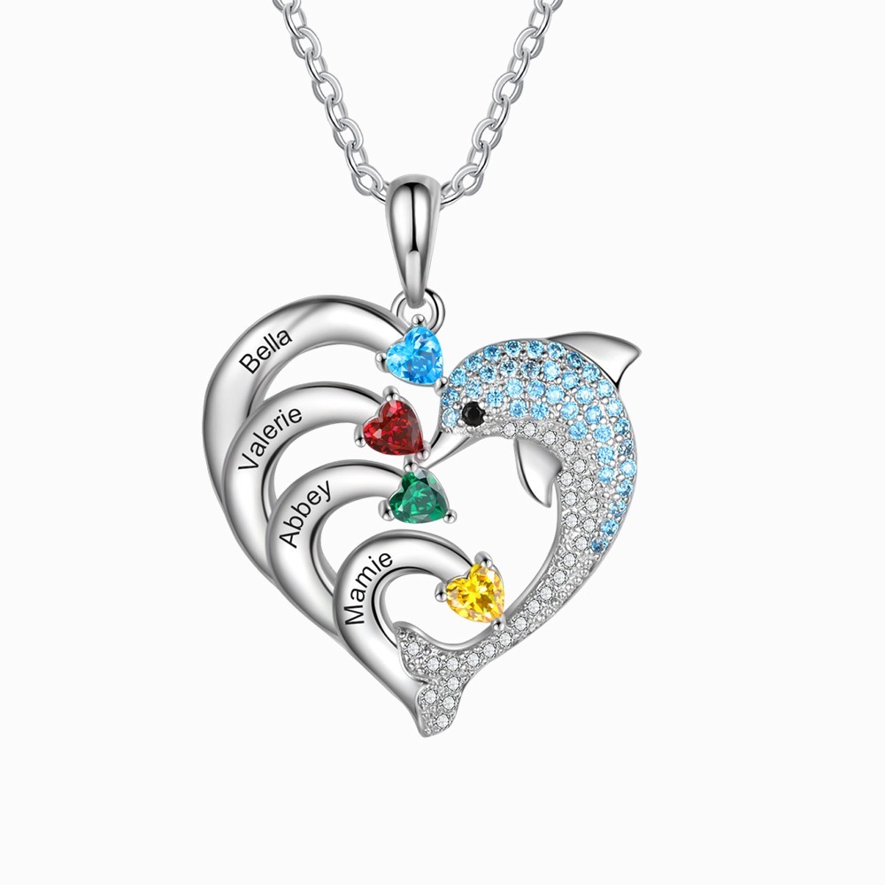 4 Names-Personalised Heart Dolphin Necklace With 4 Birthstones Engraved Names Gift For Her