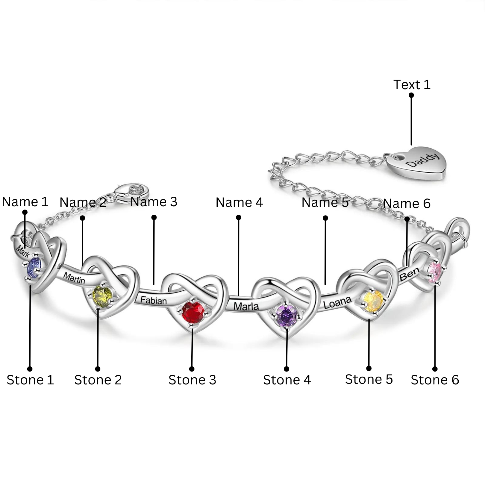 6 Names-Personalized Linked Heart Bracelet With 6 Birthstones Engraved Names And Text Bangle For Her