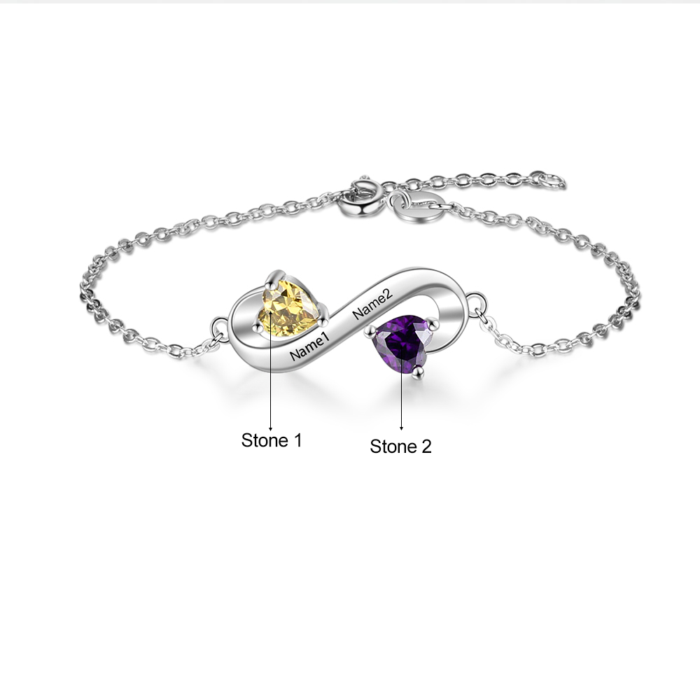 Personalized Infinity Heart Bracelet with 2 Birthstones Engraved 2 Names Bracelet - Valentines Gifts for Her