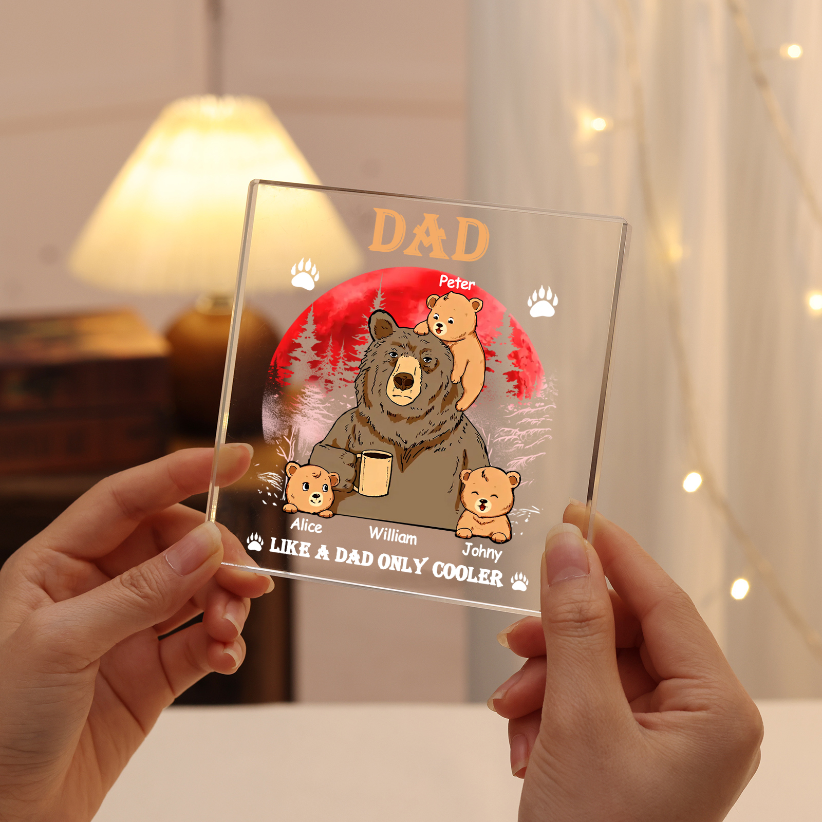 4 Names - Personalised Bear Family Pattern Custom Name Acrylic Square Ornament Father's Day Gift