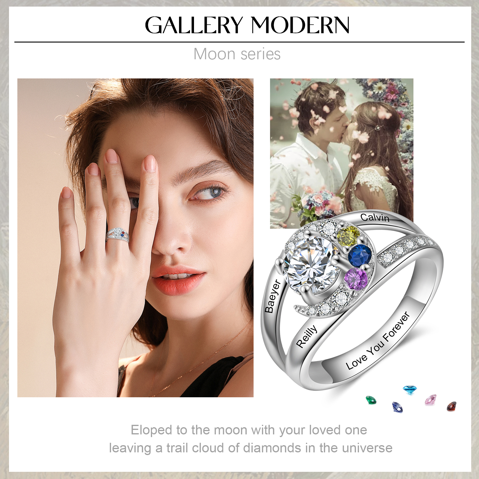 Personalised Moon Star Ring With 3 Birthstones Custom Names Best Gift For Women