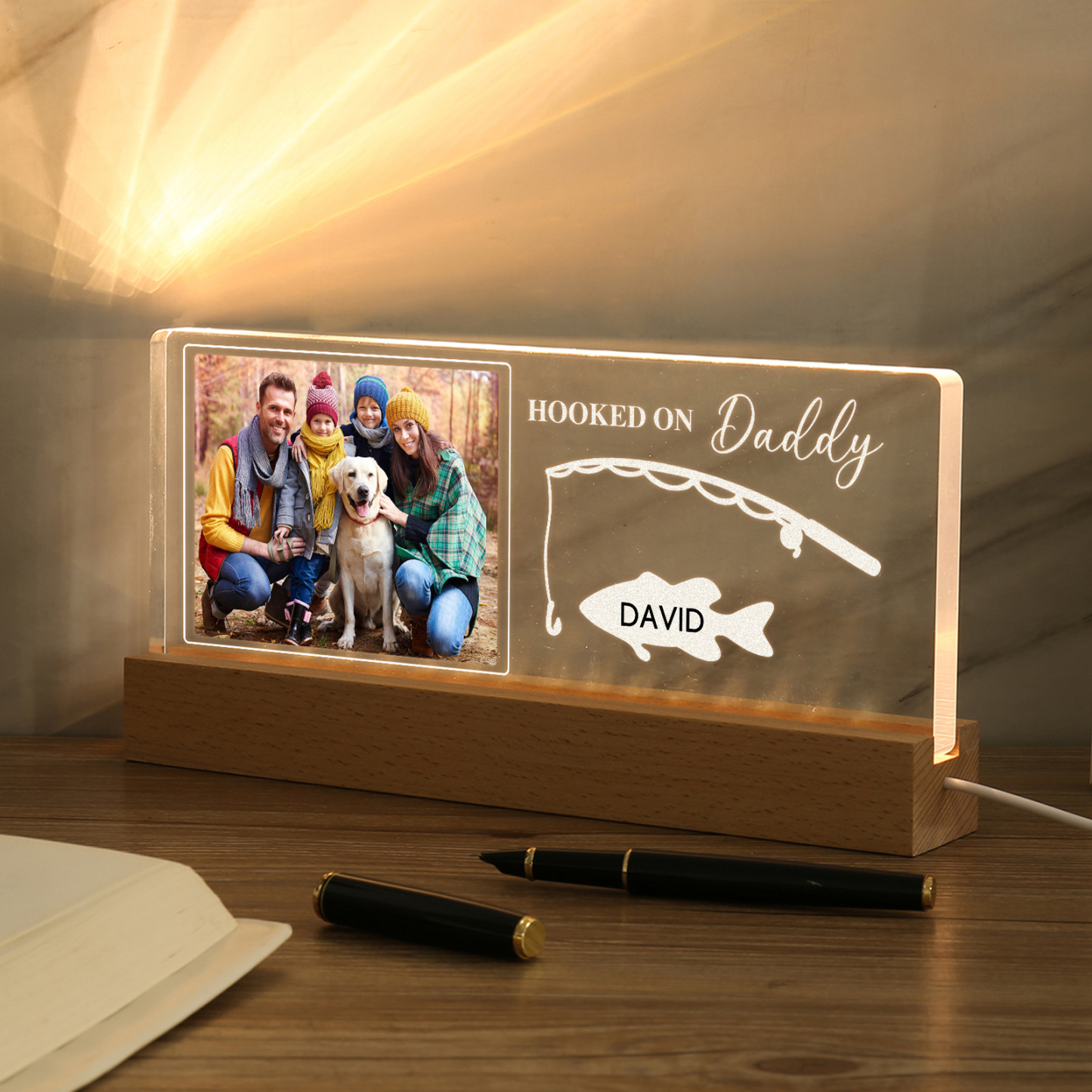 1 Name - Personalised Photo Fishing Pattern Desk Lamp Father's Day Gift For Dad