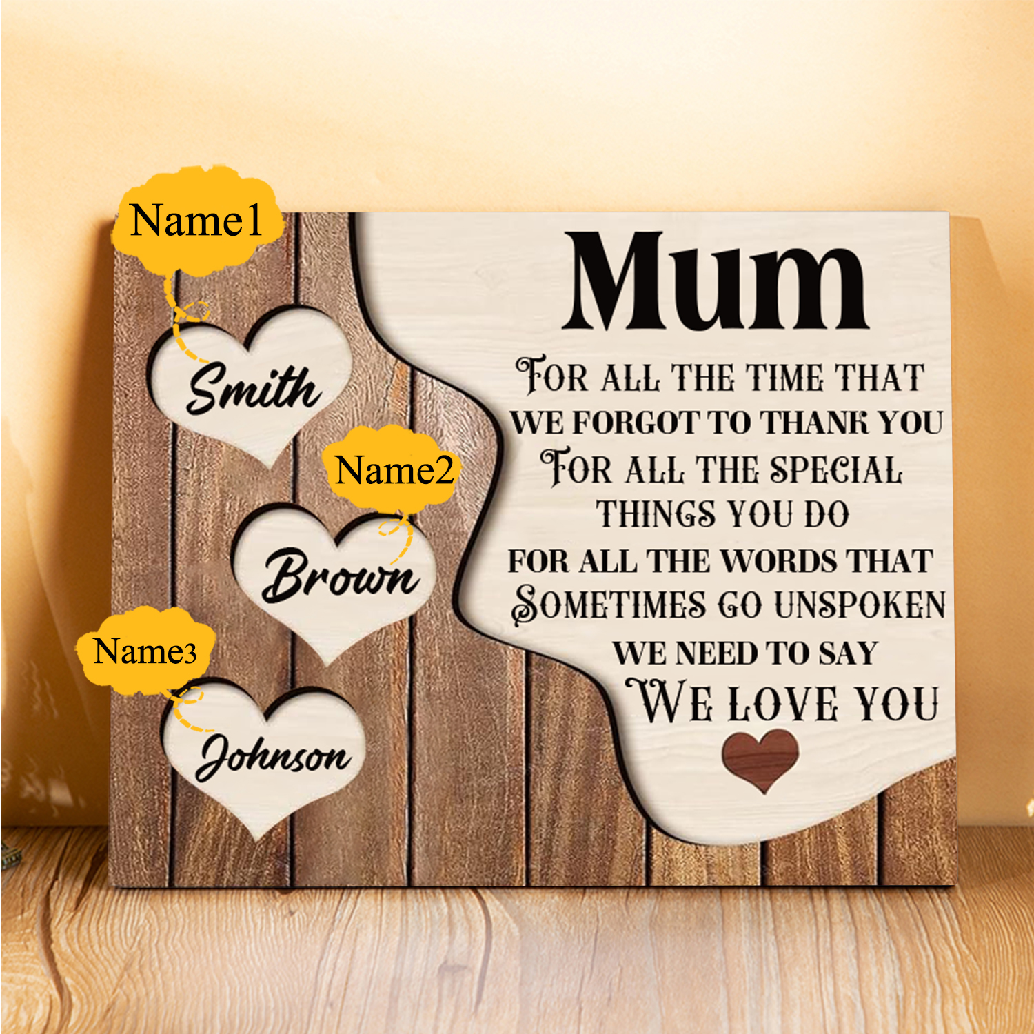 3 Names-Personalised Mum Wooden Frame Custom Names Home Decoration  - Mother's Day Gifts for Mum