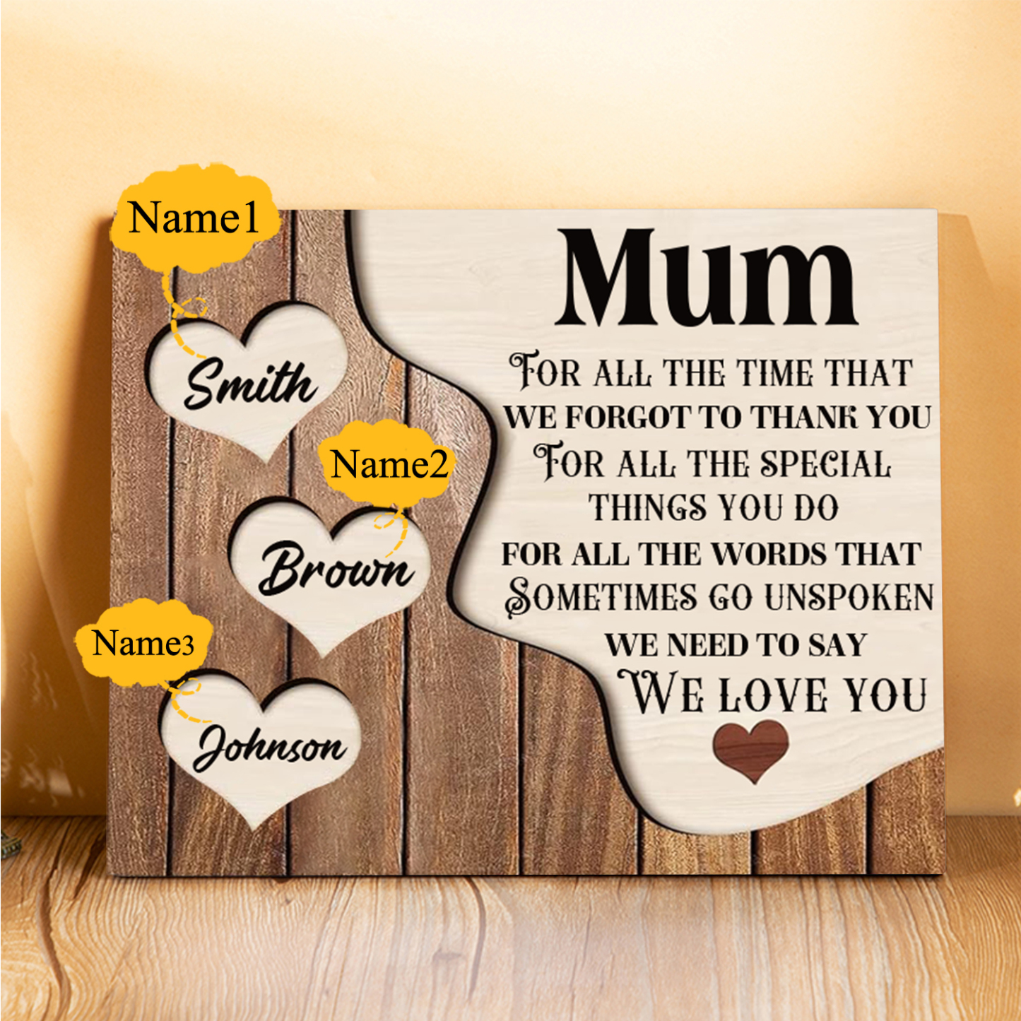 3 Names-Personalised Mum Wooden Frame Custom Names Home Decoration  - Mother's Day Gifts for Mum