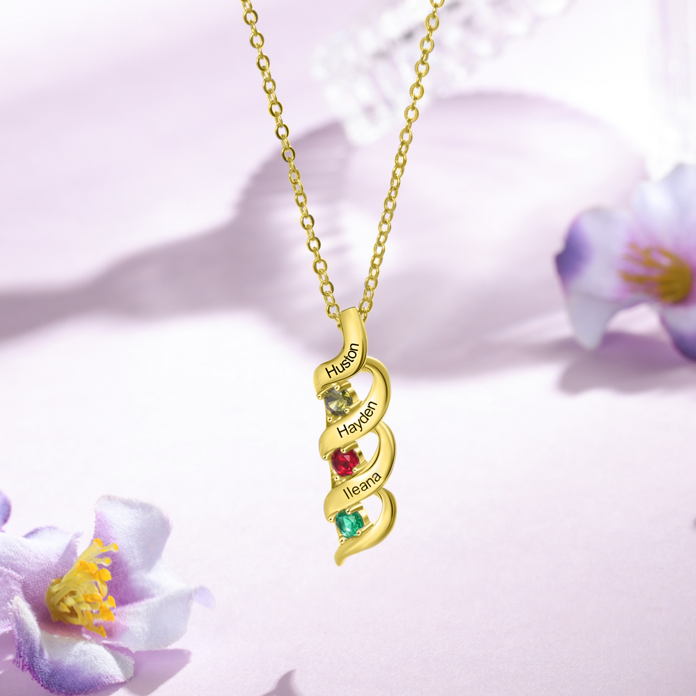 3 Names-Personalised Necklace Cascading Pendant with 3 Birthstones Engraving 3 Names Gifts for Her