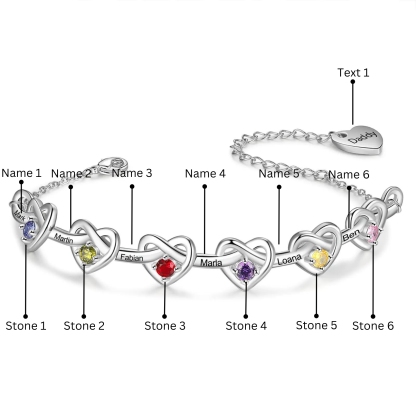 6 Names-Personalized Linked Heart Bracelet With 6 Birthstones Engraved Names And Text Bangle For Her