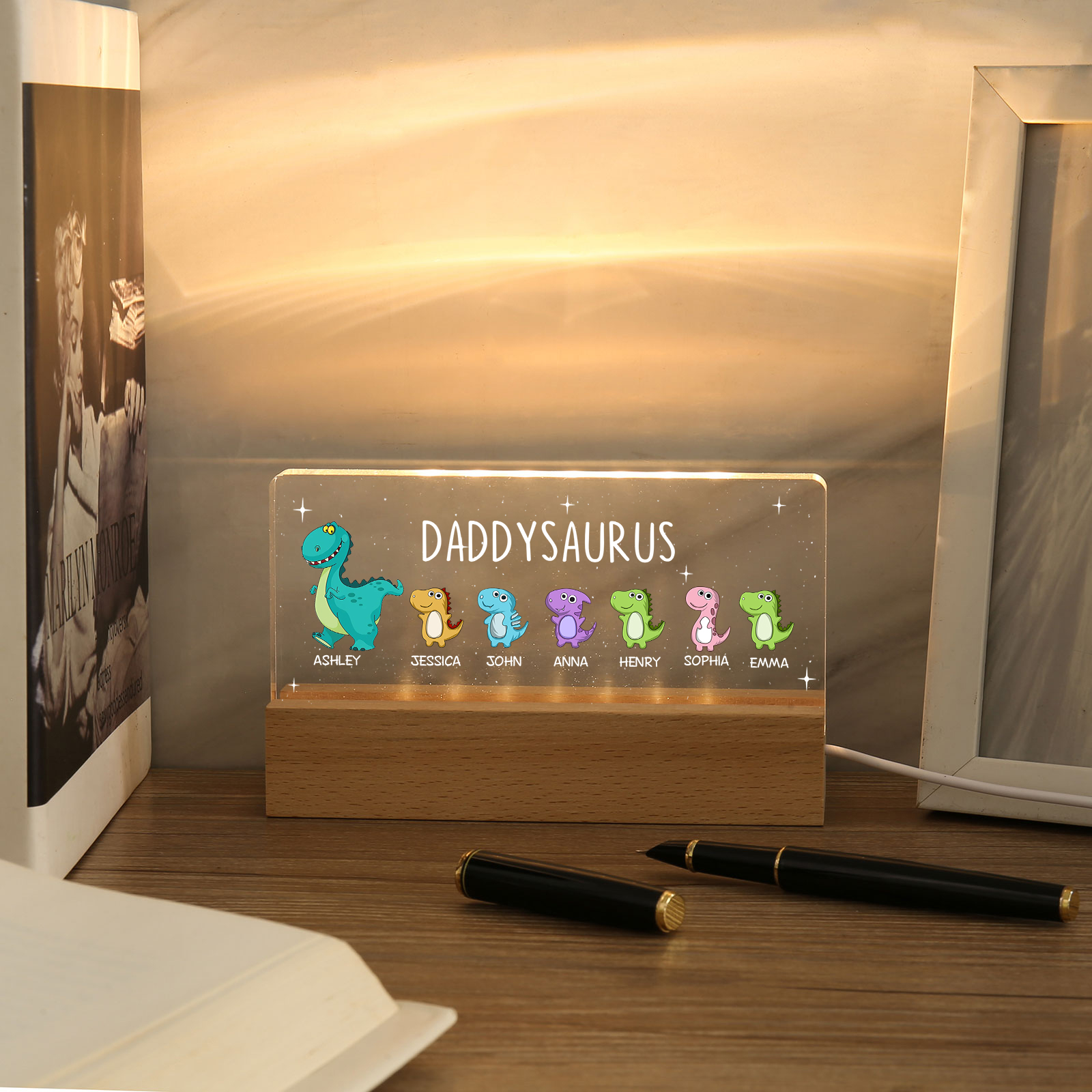 7 Names - Personalised Cute Dinosaur Pattern Beautiful Table Lamp Father's Day Gift for Dad