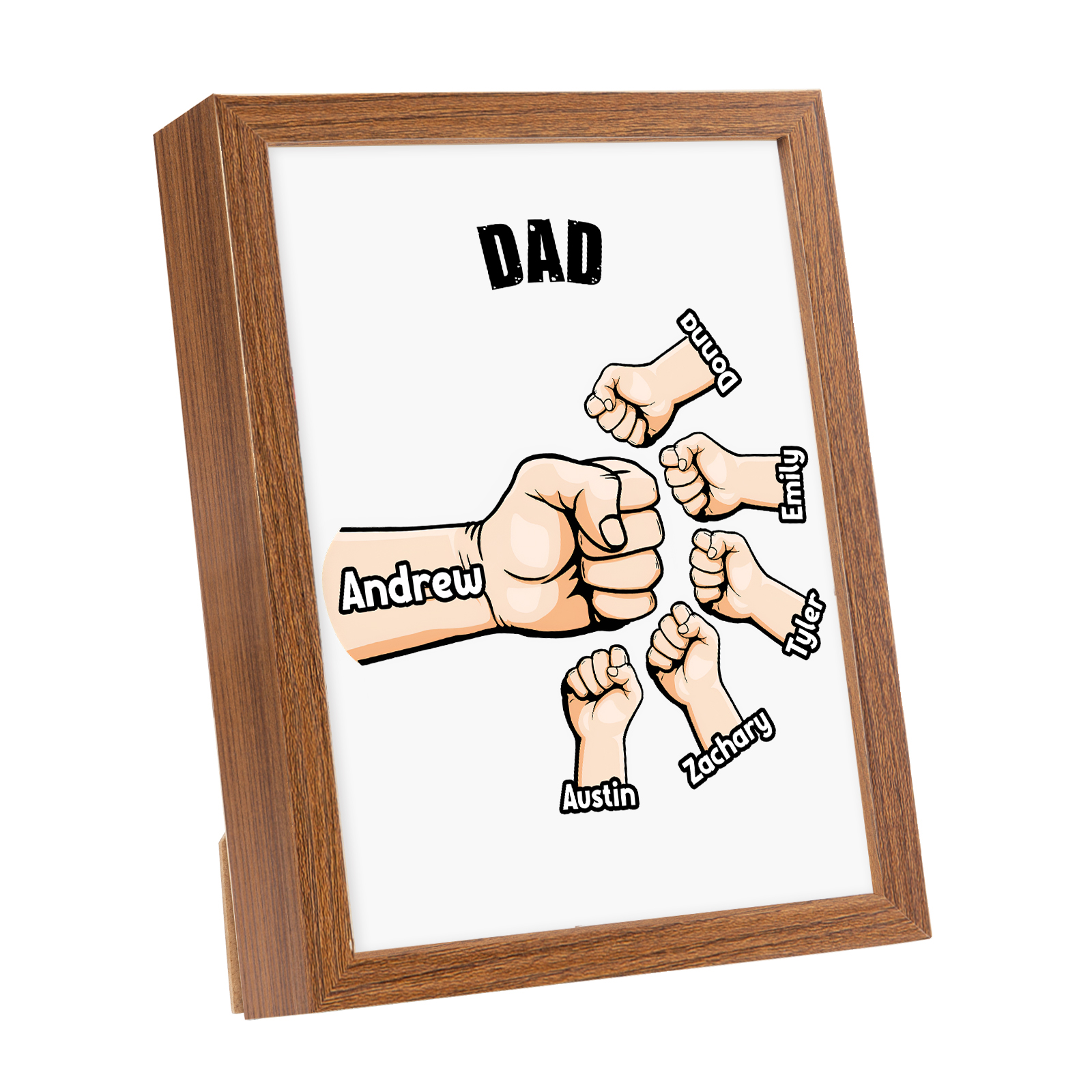 6 Names-Personalised Fist Dad LED Light Wooden Photo Frame -Custom Text & Names, Adjustable 3 Colors