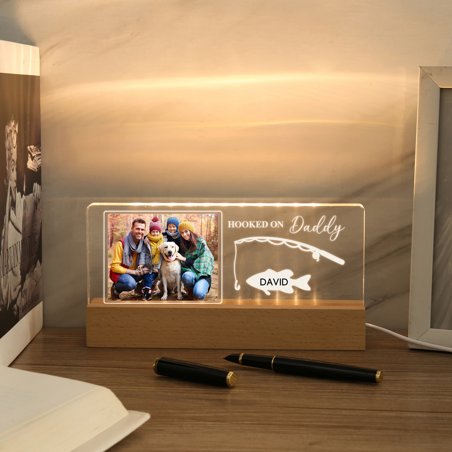 1 Name - Personalised Photo Fishing Pattern Desk Lamp Father's Day Gift For Dad