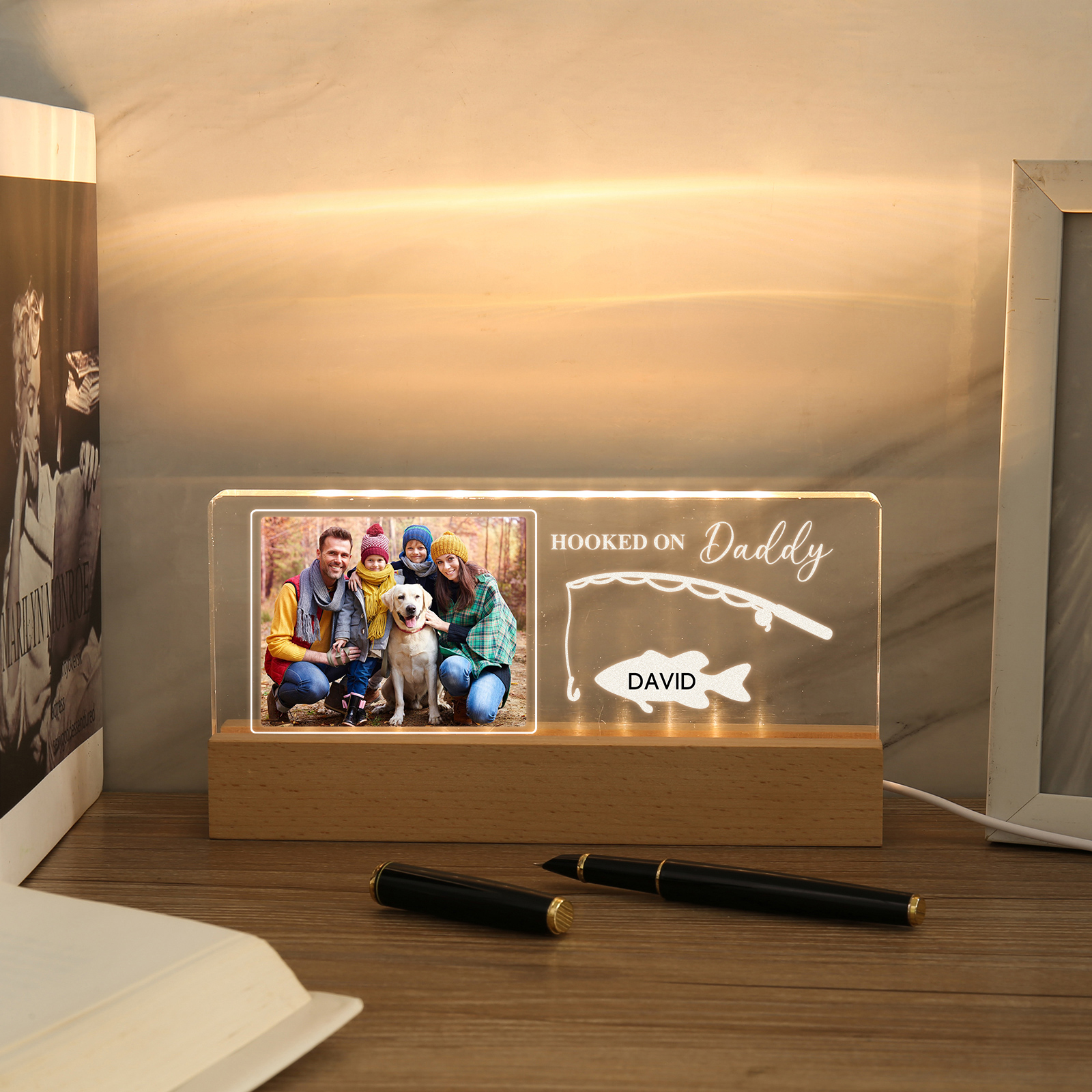 1 Name - Personalised Photo Fishing Pattern Desk Lamp Father's Day Gift For Dad