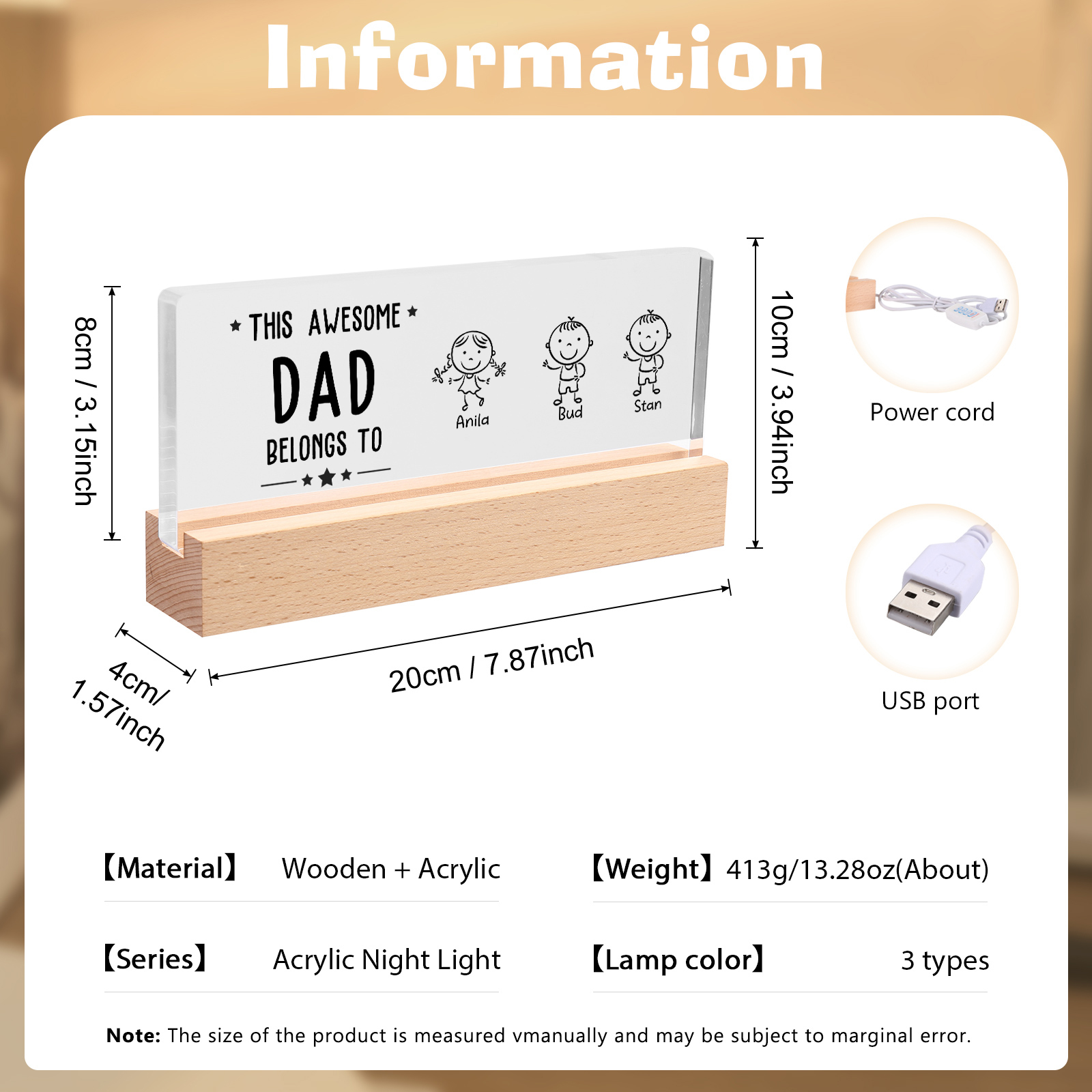 3 Names & Doll Gender - Personalised Lamp -This Awesome Dad  Belongs To - Father's Day Gift for Dad