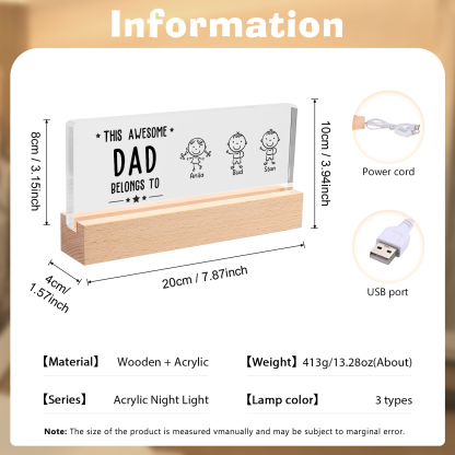 3 Names & Doll Gender - Personalised Lamp -This Awesome Dad  Belongs To - Father's Day Gift for Dad