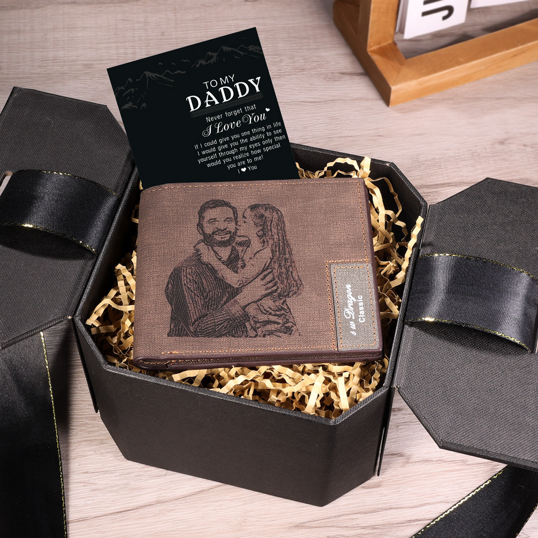 Deep Brown Personalised Leather Wallet Engraved Photo Short Purse Gifts For Men