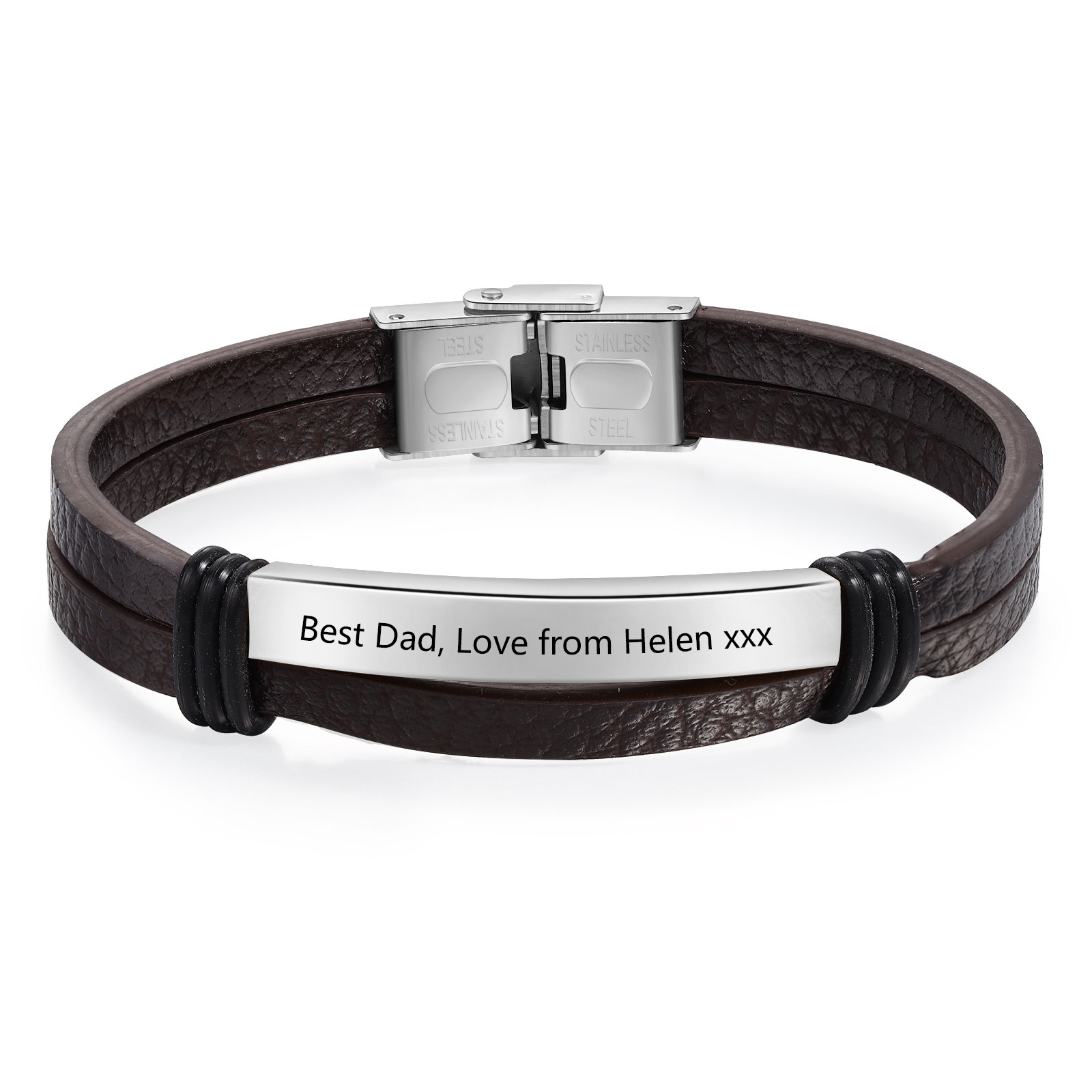 Personalised Text Brown Leather Bracelet Men's Bracelet Father's Day Gift for Dad