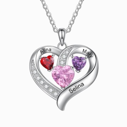 Personalised Heart Necklace With 3 Birthstones Engraved Names Gift For Her